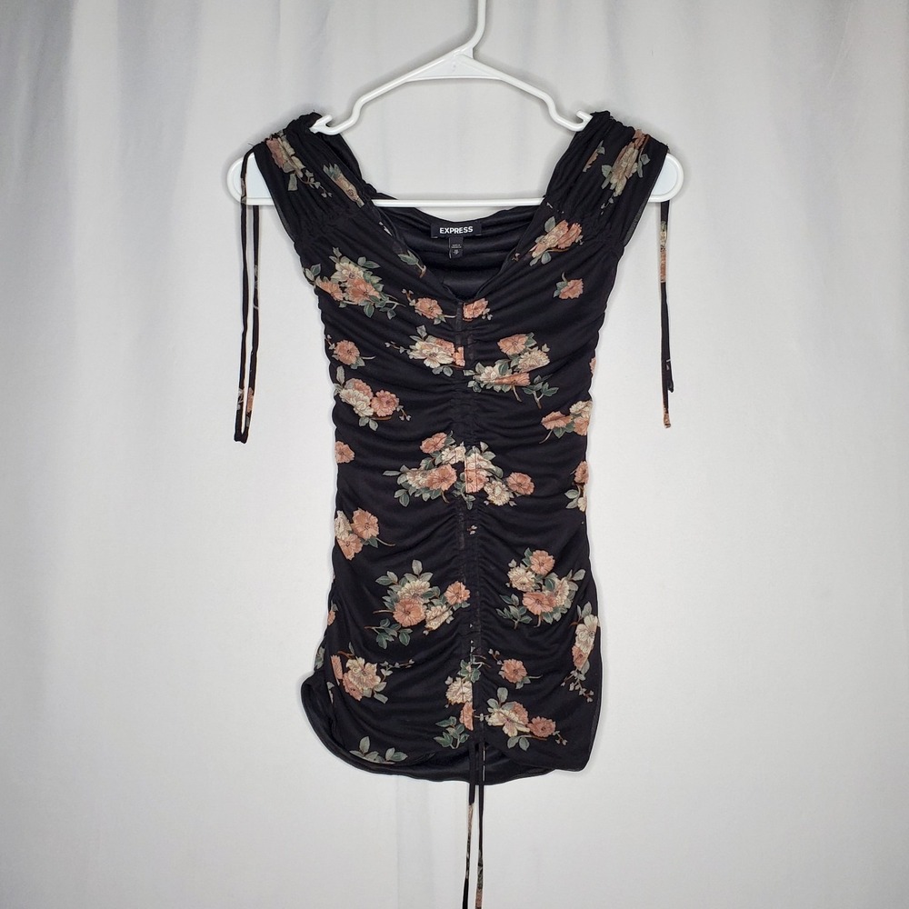 Express Tank Womens XS Mesh Tie Ruched Black Blush Floral Lined Fairy Whimsy 00s